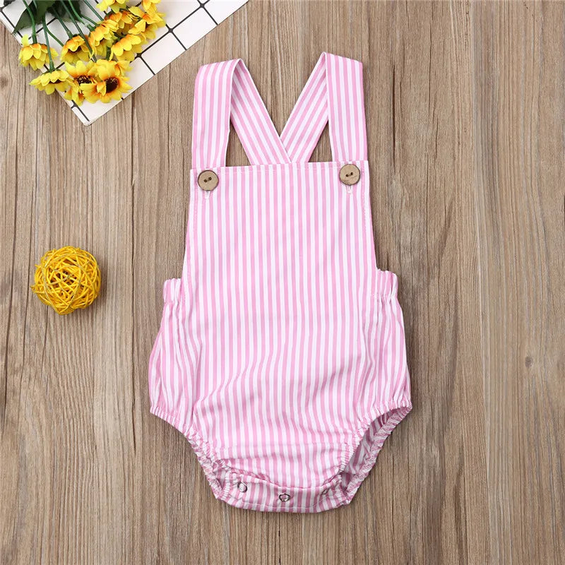 0-36m Unisex Baby Cotton Romper Sleeveless Suspender Solid Stripe Boys Jumpsuits With Button Casual Playsuits For Newborn Girls