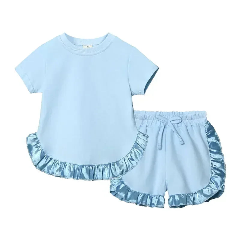 Summer New Kids Clothes Girl Outfit Set Solid Color Cotton Short Sleeve Tops Shorts 2 Pcs Fashion Children's Sets 1-6 Years