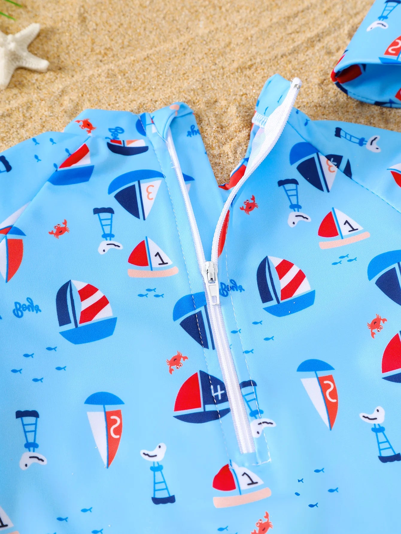 Baby Boy Nautical Pattern Full Print Long Sleeve Onesie Swimsuit with Hat Infant Swimming Suit Set
