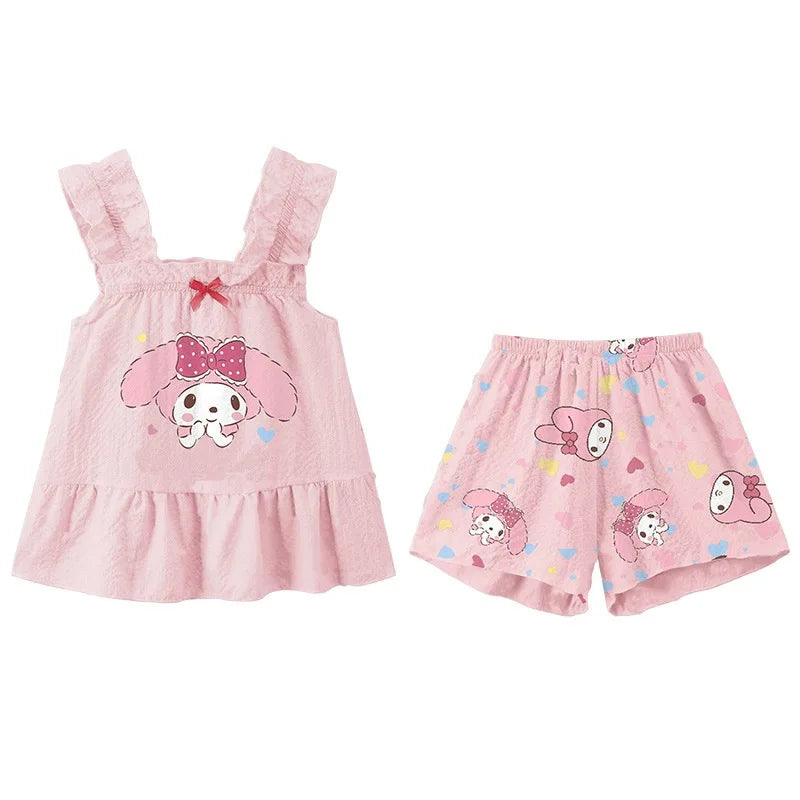 2Pcs Hot Sanrio Hello Kitty Two Piece Pajama Set Sleeveless Vest Shorts Thin Lightweight Summer Girls Baby Homewear Fashionable