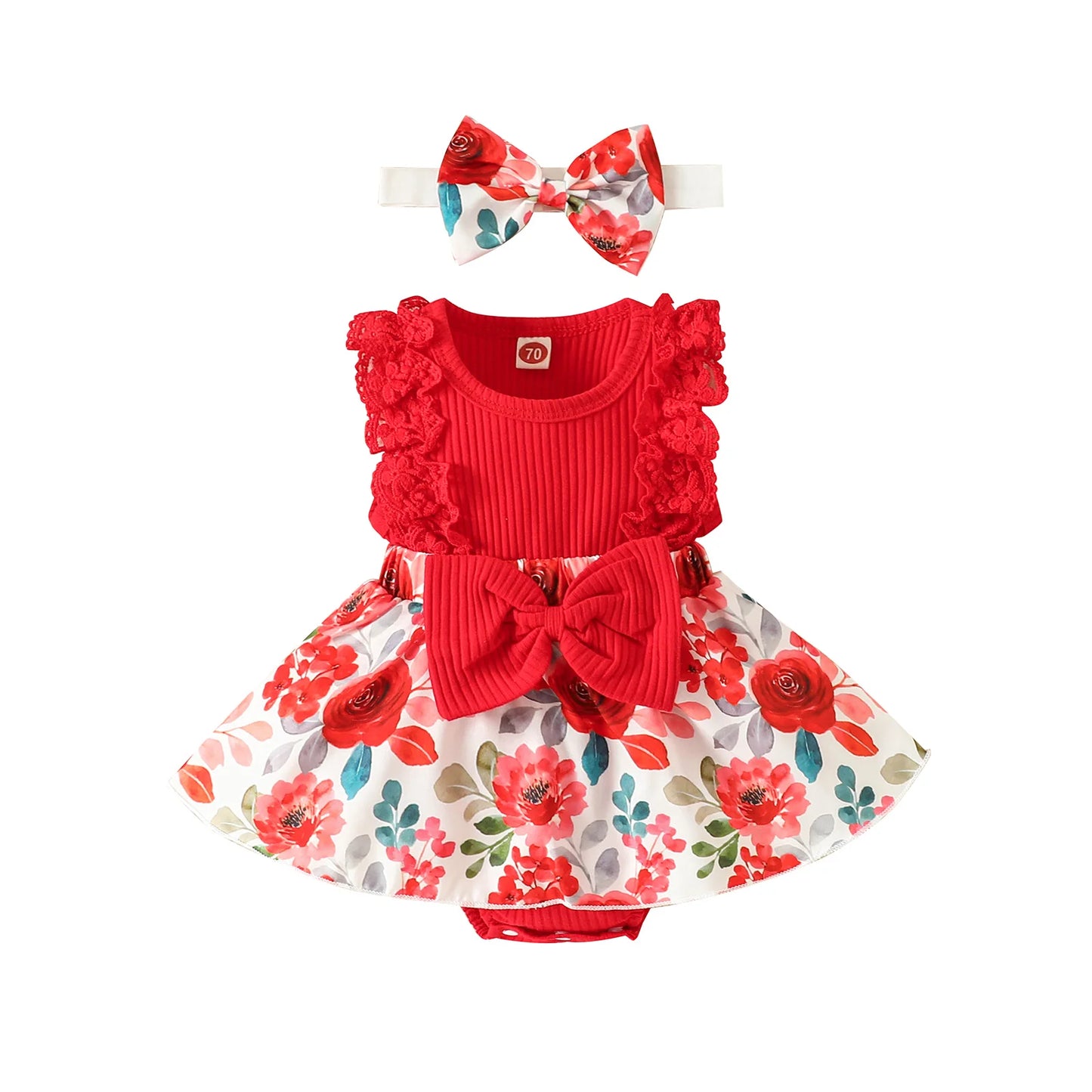 Infant Baby Girls Flower Print Lace Sleeveless Round Neck Front Bowknot Romper + Headband