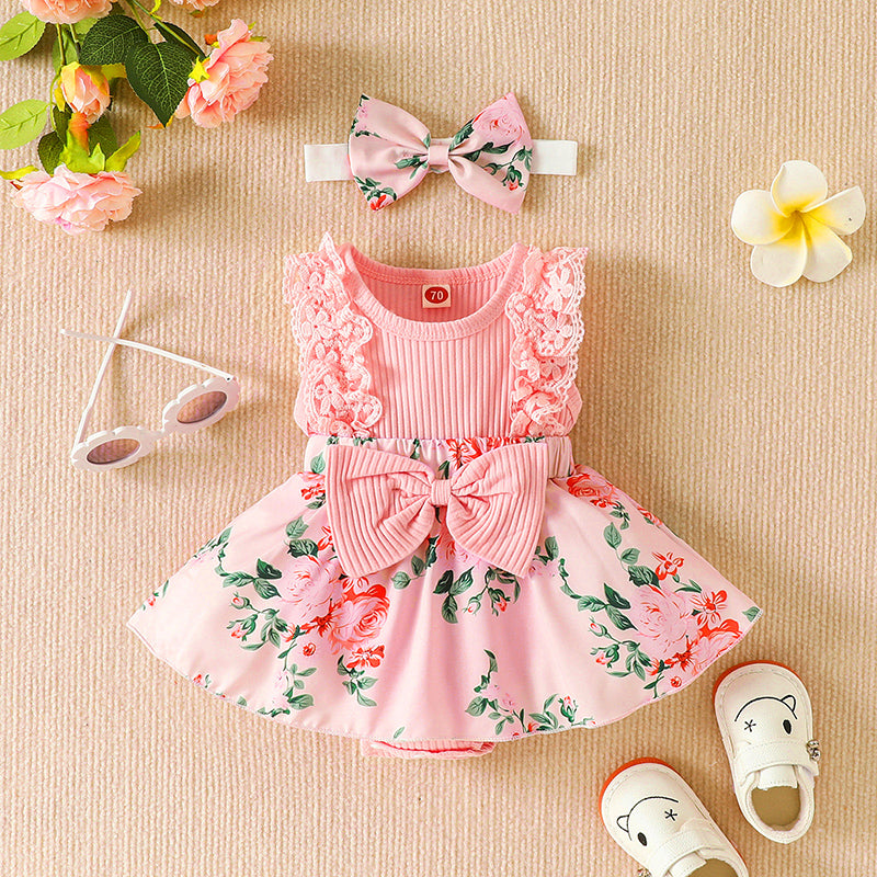 Infant Baby Girls Flower Print Lace Sleeveless Round Neck Front Bowknot Romper + Headband