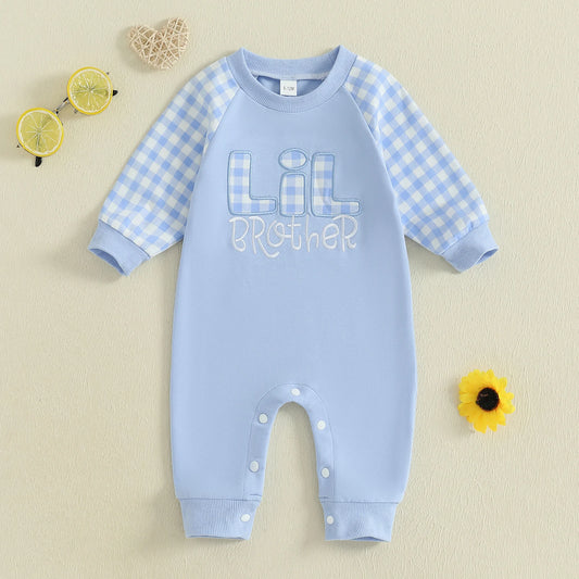 Baby Boy Fall Romper Plaid Print Letter Embroidery Long Sleeve Round Neck Full Length Jumpsuit