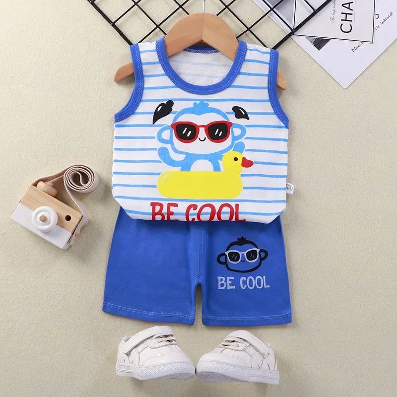 2PCS Cotton T-shirts Shorts Tank Top Boys Girls Sleeveless Children Sets Kids Clothes Vest Suit Summer Children Clothing Baby