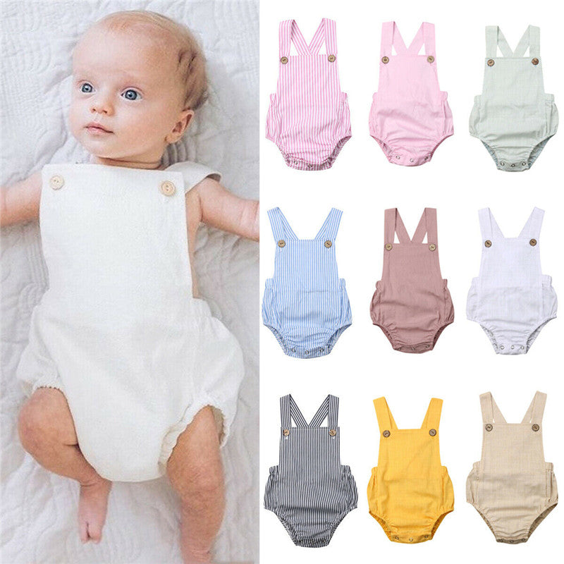 0-36m Unisex Baby Cotton Romper Sleeveless Suspender Solid Stripe Boys Jumpsuits With Button Casual Playsuits For Newborn Girls
