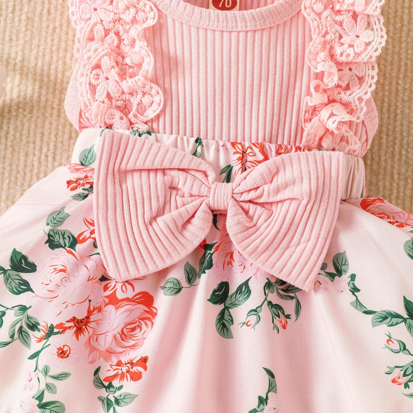 Infant Baby Girls Flower Print Lace Sleeveless Round Neck Front Bowknot Romper + Headband