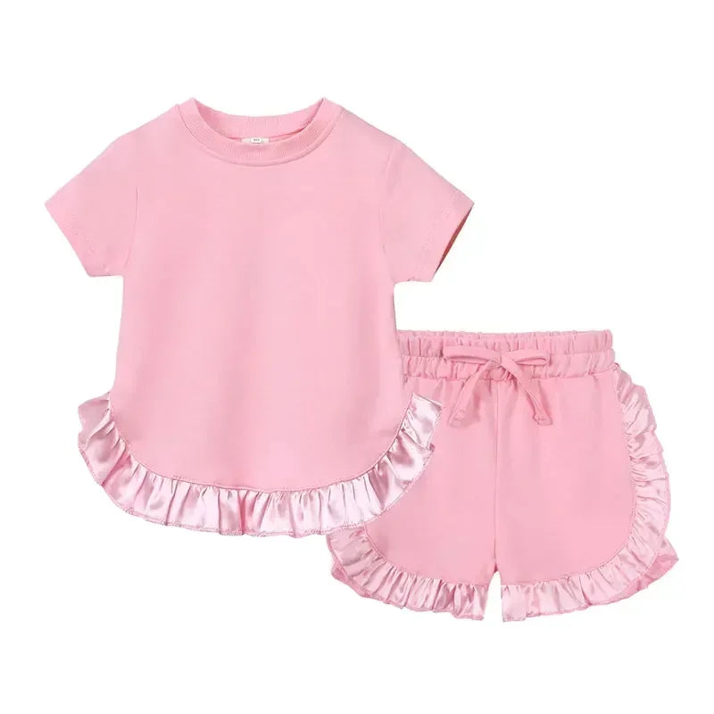 Summer New Kids Clothes Girl Outfit Set Solid Color Cotton Short Sleeve Tops Shorts 2 Pcs Fashion Children's Sets 1-6 Years
