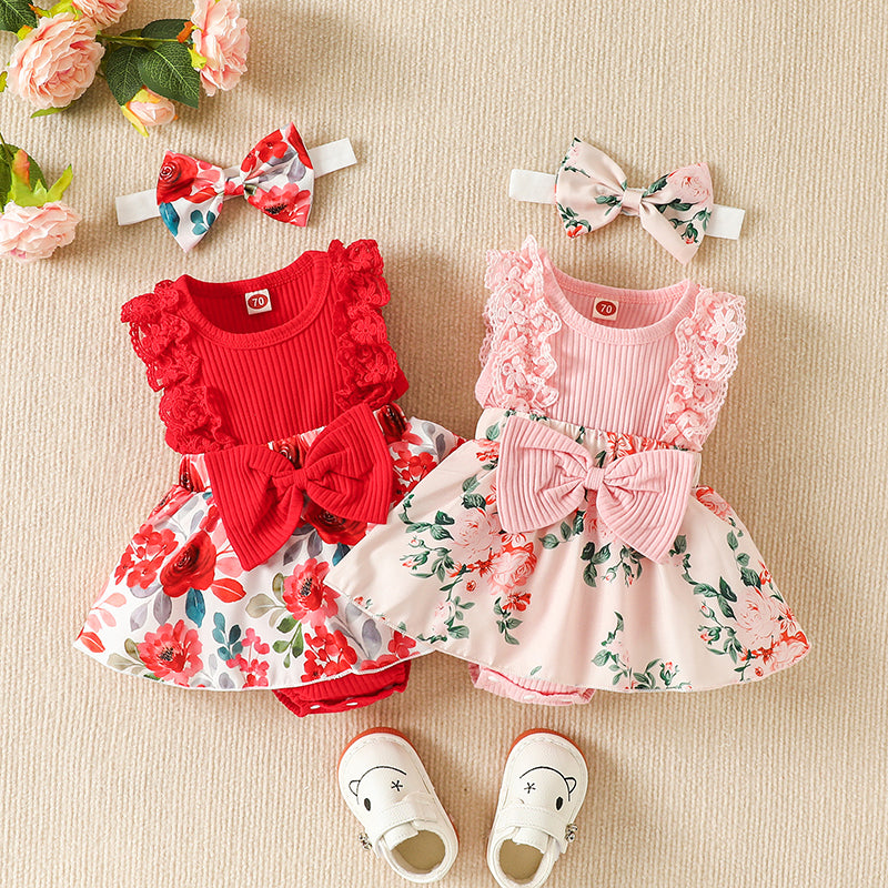 Infant Baby Girls Flower Print Lace Sleeveless Round Neck Front Bowknot Romper + Headband