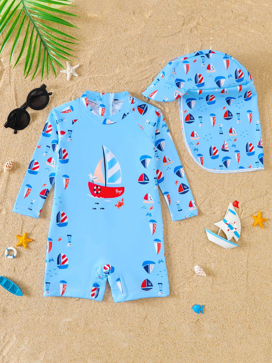Baby Boy Nautical Pattern Full Print Long Sleeve Onesie Swimsuit with Hat Infant Swimming Suit Set