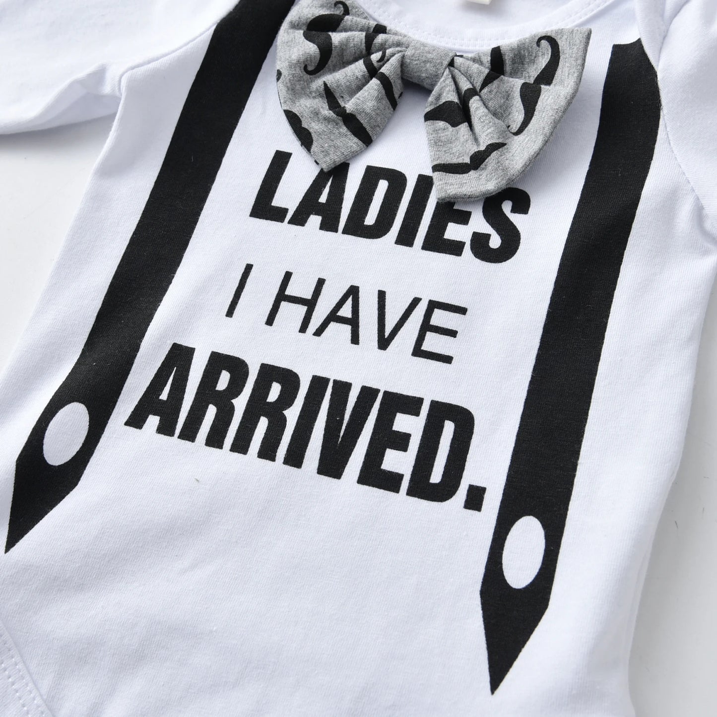 Newborn Baby Boy Clothes Long Sleeve Bow "Ladies I Have Arrived" Romper + Moustache Printed Pants+Hat Infant Boys Outfits Set
