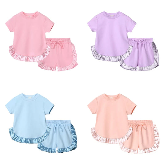 Summer New Kids Clothes Girl Outfit Set Solid Color Cotton Short Sleeve Tops Shorts 2 Pcs Fashion Children's Sets 1-6 Years