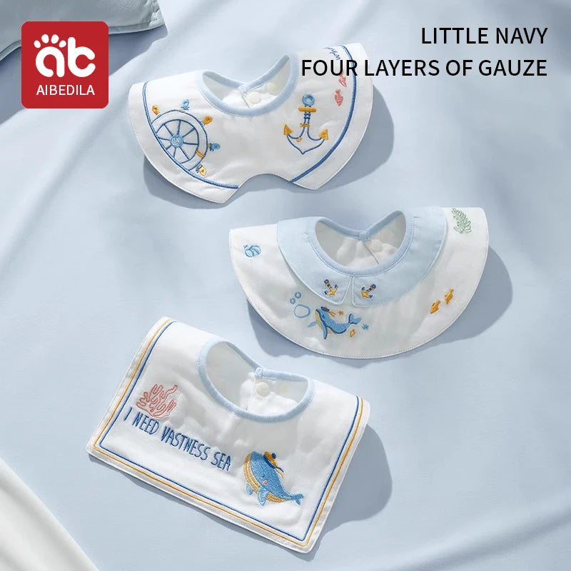 3pcs New Cotton Baby Bib Embroidery Bib Baby Drool Towel Boys and Girls Drool Pocket Waterproof Baby