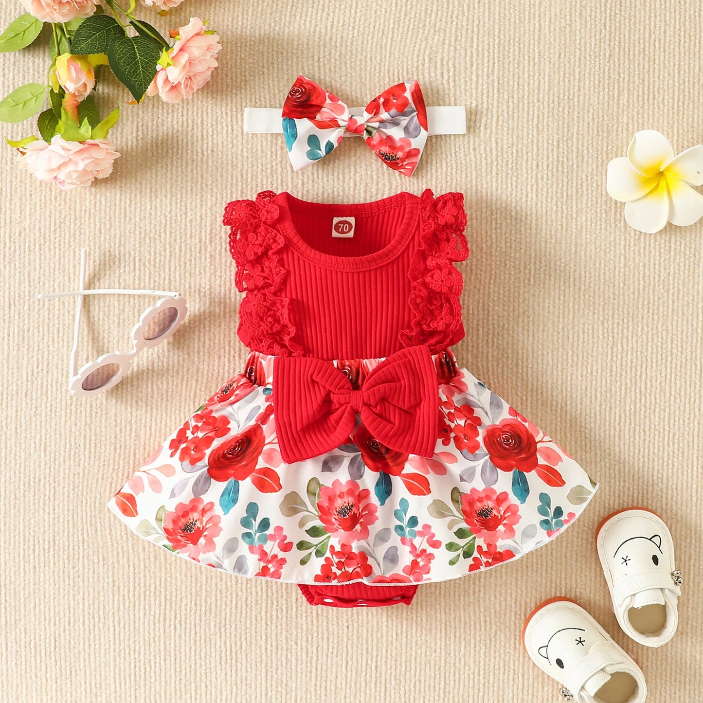 Infant Baby Girls Flower Print Lace Sleeveless Round Neck Front Bowknot Romper + Headband