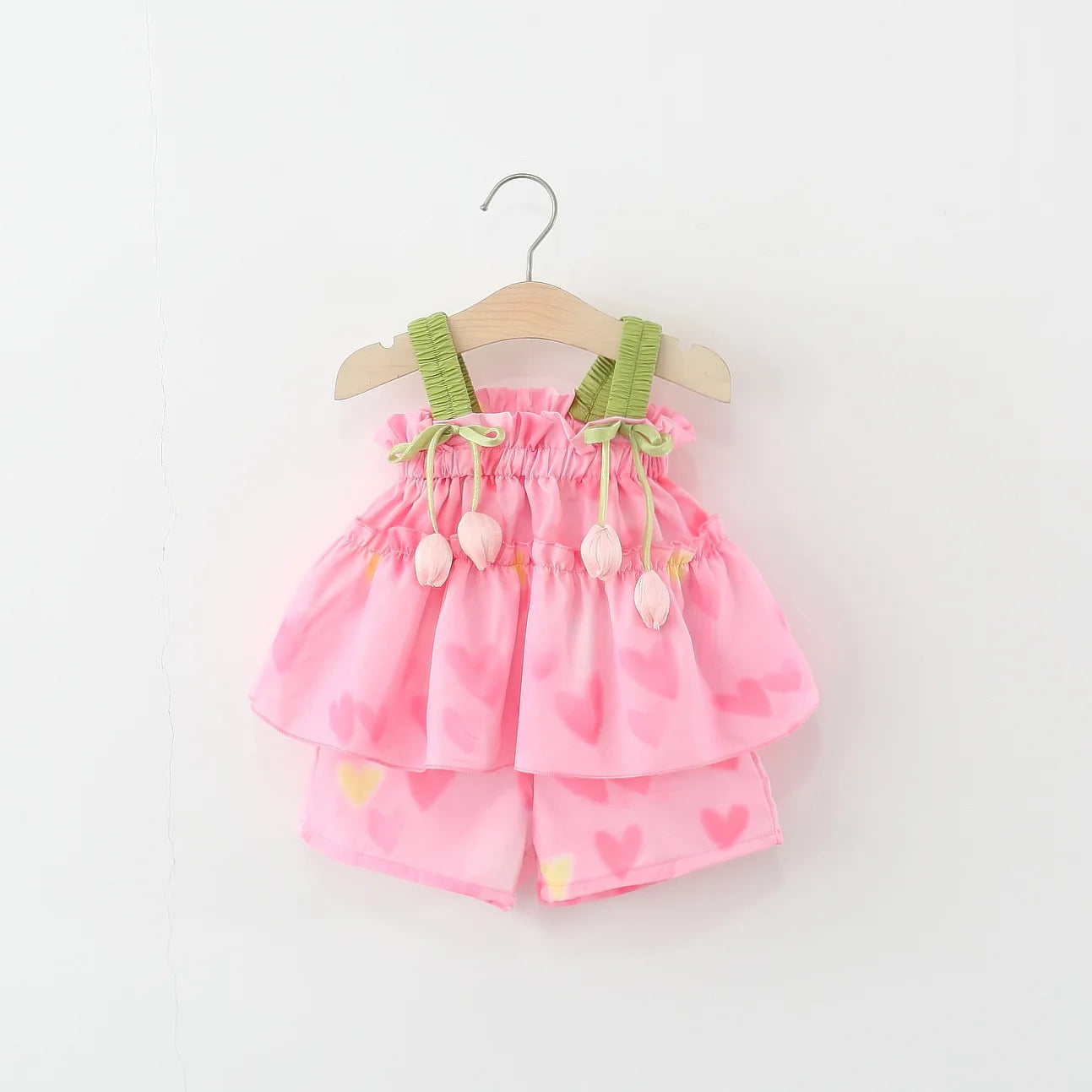 2026 Summer Kids Outfit 1-5Y Girls Pink Heart Print Sets Tulip Strap Top and Shorts Adorable Breathable Children Clothing