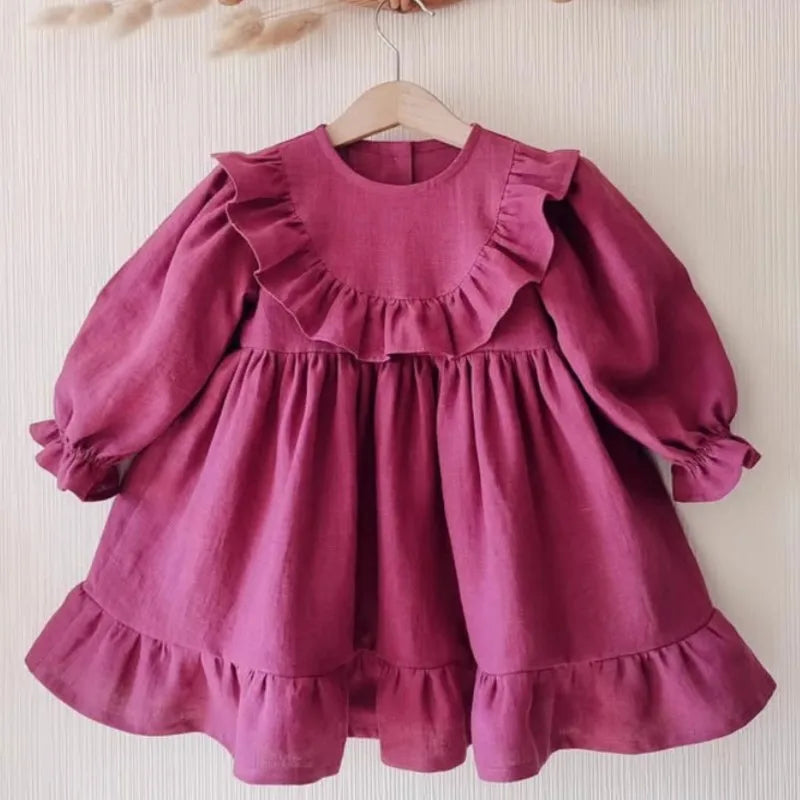 Baby Girl Princess Cotton Linen Ruffled Dress Long Sleeve Infant Toddler Child Elegant Vestido Spring Autumn Baby Clothes 1-4Y