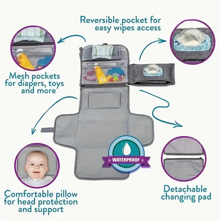 Portable Diaper Changing Pad with Built-in Head Cushion,Youngsters Waterproof Changing Pad Mat with Smart Wipes Pocket