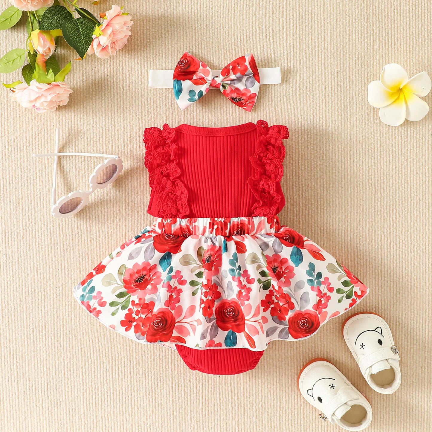 Infant Baby Girls Flower Print Lace Sleeveless Round Neck Front Bowknot Romper + Headband