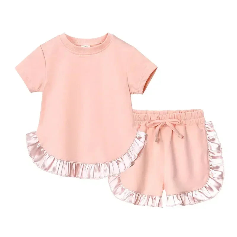 Summer New Kids Clothes Girl Outfit Set Solid Color Cotton Short Sleeve Tops Shorts 2 Pcs Fashion Children's Sets 1-6 Years