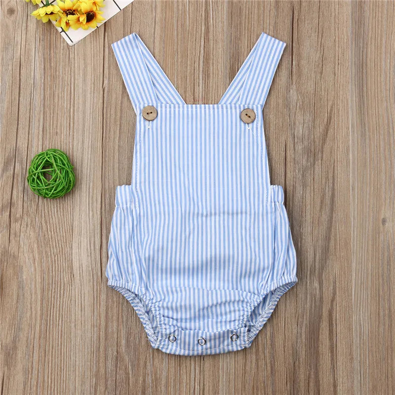 0-36m Unisex Baby Cotton Romper Sleeveless Suspender Solid Stripe Boys Jumpsuits With Button Casual Playsuits For Newborn Girls