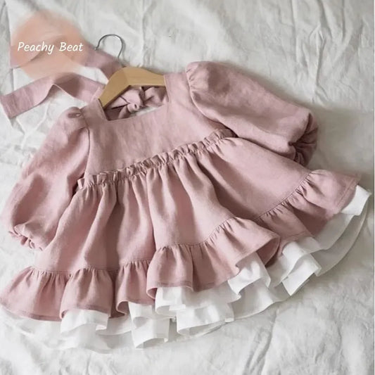 Baby Girl Princess Cotton Linen Ruffled Dress Long Sleeve Infant Toddler Child Elegant Vestido Spring Autumn Baby Clothes 1-4Y