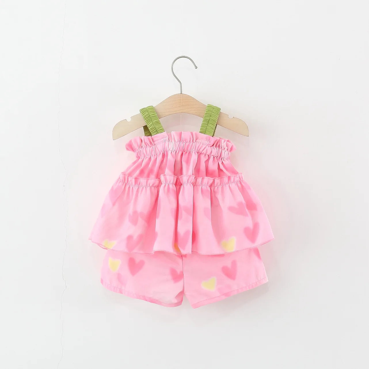 2026 Summer Kids Outfit 1-5Y Girls Pink Heart Print Sets Tulip Strap Top and Shorts Adorable Breathable Children Clothing