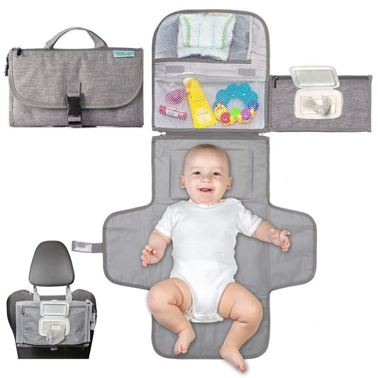 Portable Diaper Changing Pad with Built-in Head Cushion,Youngsters Waterproof Changing Pad Mat with Smart Wipes Pocket