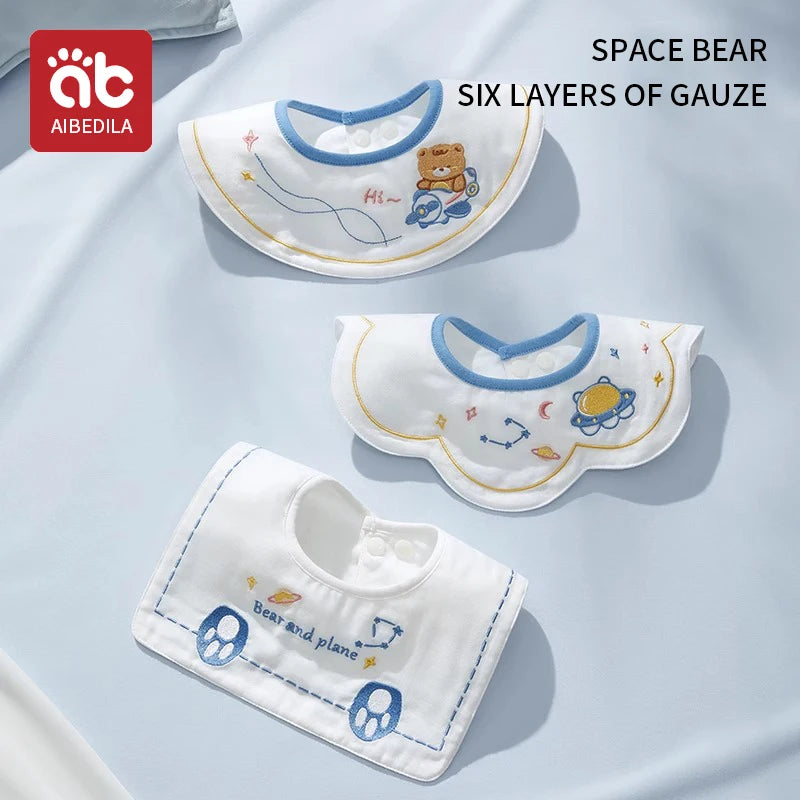 3pcs New Cotton Baby Bib Embroidery Bib Baby Drool Towel Boys and Girls Drool Pocket Waterproof Baby