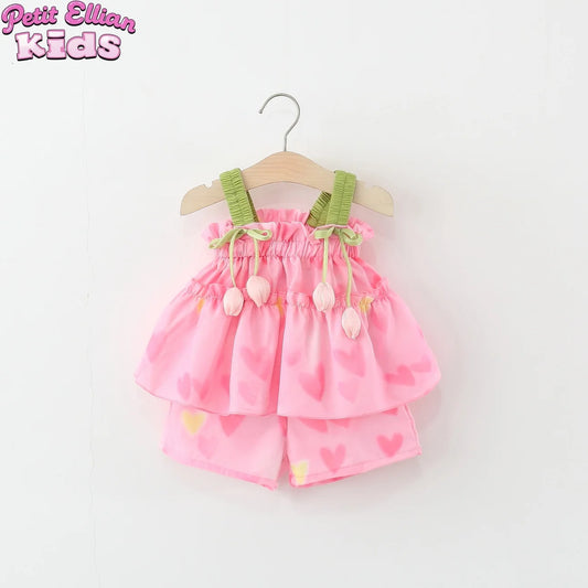 2026 Summer Kids Outfit 1-5Y Girls Pink Heart Print Sets Tulip Strap Top and Shorts Adorable Breathable Children Clothing
