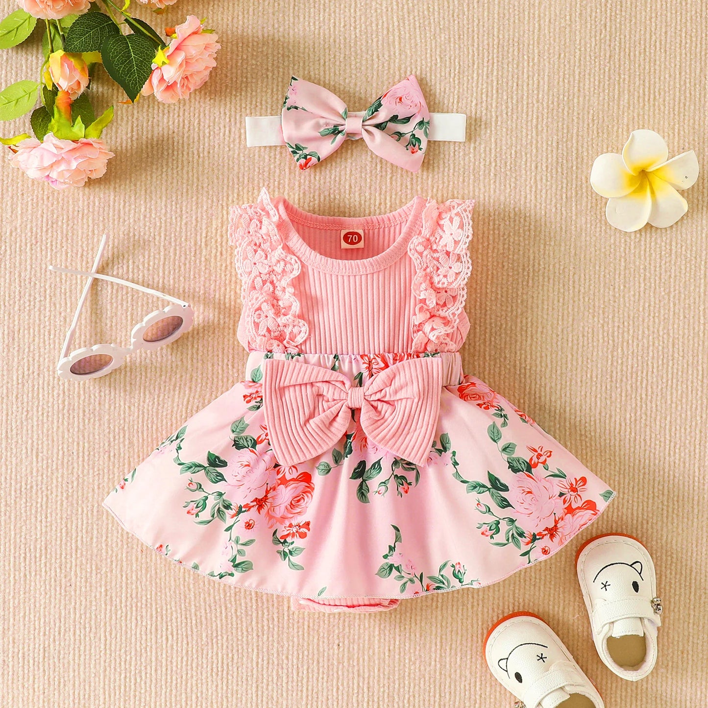 Infant Baby Girls Flower Print Lace Sleeveless Round Neck Front Bowknot Romper + Headband