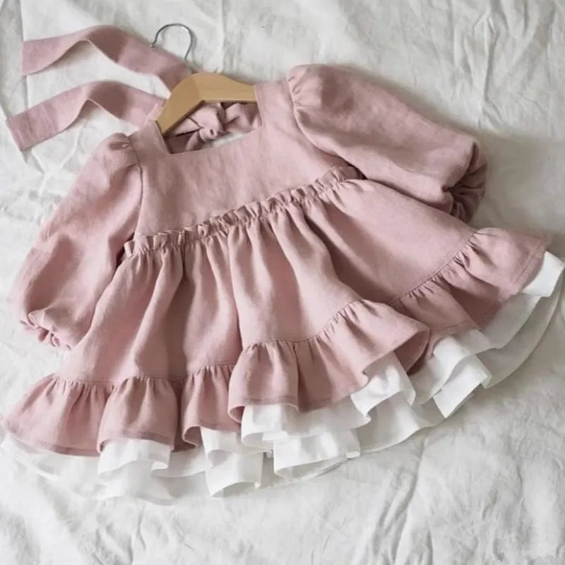 Baby Girl Princess Cotton Linen Ruffled Dress Long Sleeve Infant Toddler Child Elegant Vestido Spring Autumn Baby Clothes 1-4Y