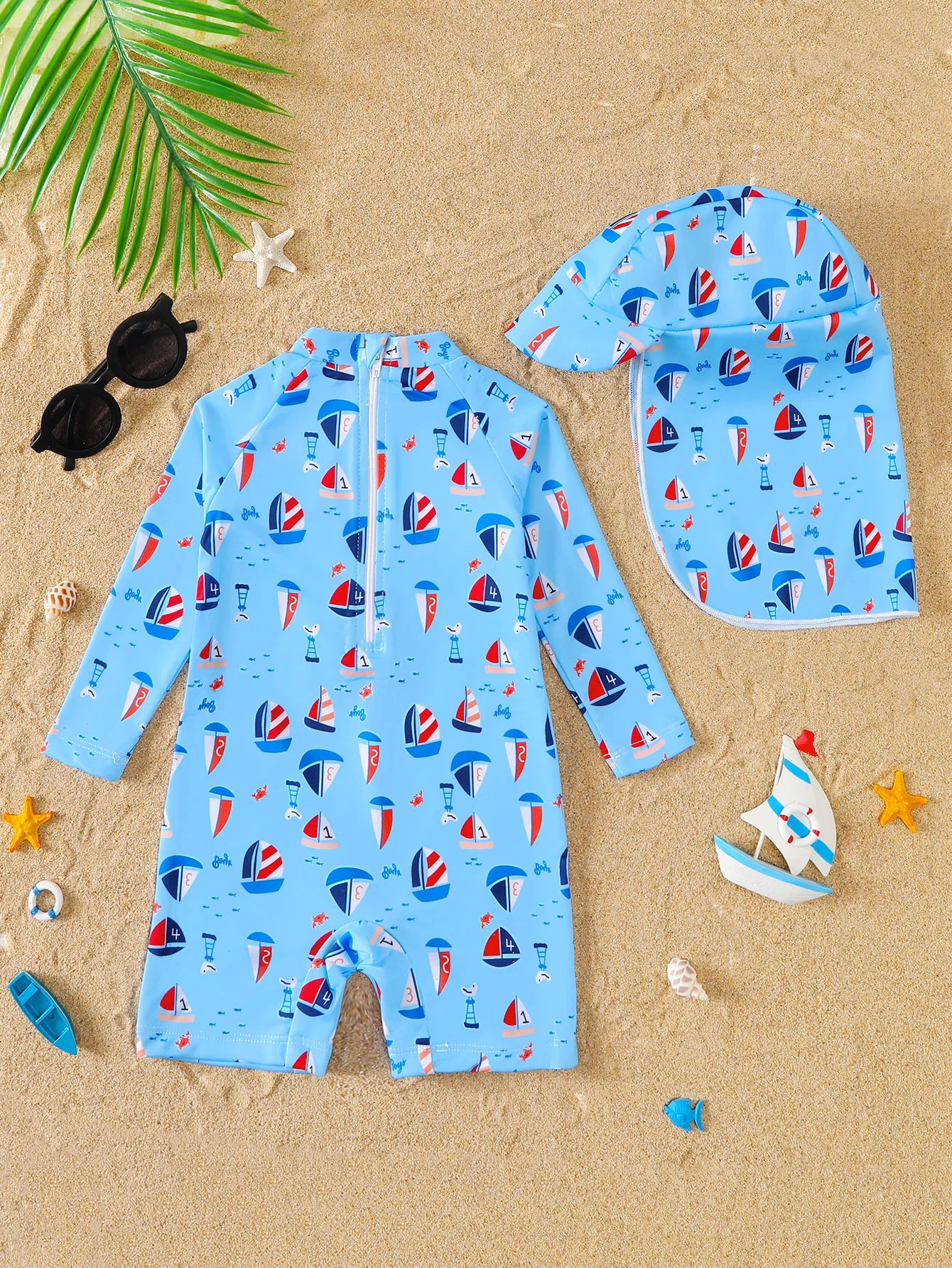 Baby Boy Nautical Pattern Full Print Long Sleeve Onesie Swimsuit with Hat Infant Swimming Suit Set