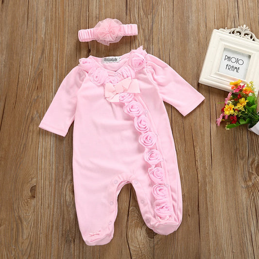 Spring  Newborn Baby Girl Clothes  2pcs Long Sleeve Lace Romper & Headband Set Cotton Flower Footies  Newborn Baby Girl Gift