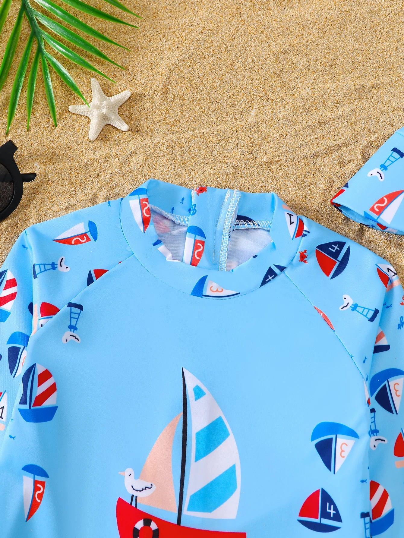 Baby Boy Nautical Pattern Full Print Long Sleeve Onesie Swimsuit with Hat Infant Swimming Suit Set