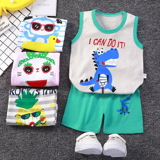 2PCS Cotton T-shirts Shorts Tank Top Boys Girls Sleeveless Children Sets Kids Clothes Vest Suit Summer Children Clothing Baby