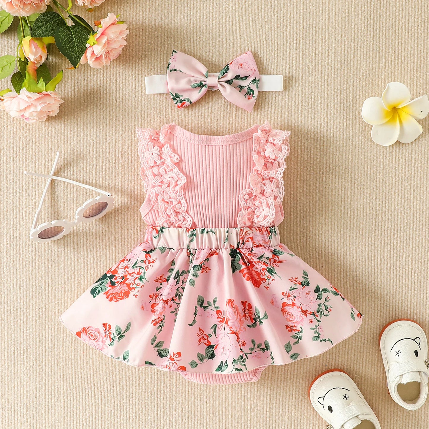 Infant Baby Girls Flower Print Lace Sleeveless Round Neck Front Bowknot Romper + Headband
