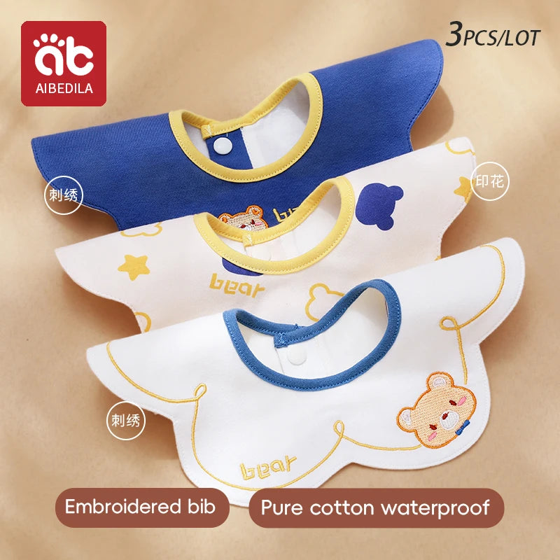 3Pcs Waterproof Bibs for Infants Embroidered Pattern Baby Bibs Comfortable Newborns Bibs Comfortable Cotton Bibs Gift