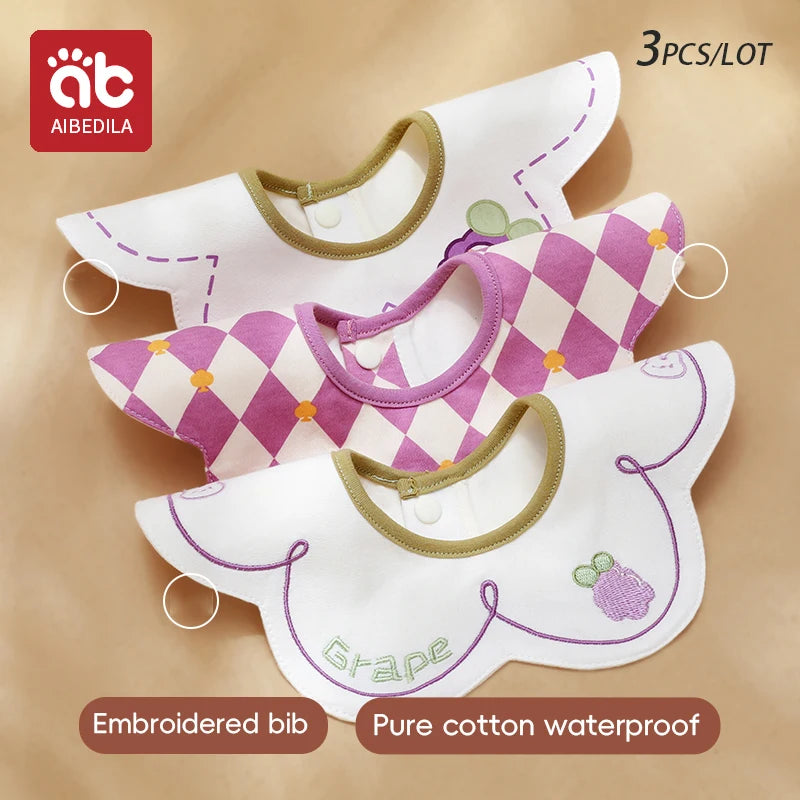 3Pcs Waterproof Bibs for Infants Embroidered Pattern Baby Bibs Comfortable Newborns Bibs Comfortable Cotton Bibs Gift