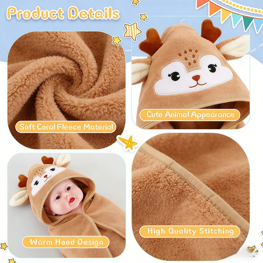 Baby Animal-Shaped Bathrobe, Quick-Absorbing Soft Hooded Bath Towel, Baby Wrap Blanket, Suitable for Bathroom, Beach, and Multiple Bathing Scenarios, a Holiday Gift for Children