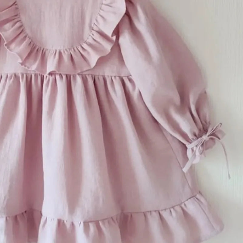 Baby Girl Princess Cotton Linen Ruffled Dress Long Sleeve Infant Toddler Child Elegant Vestido Spring Autumn Baby Clothes 1-4Y