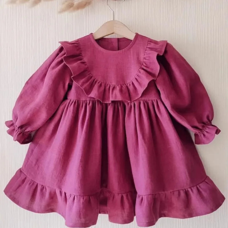 Baby Girl Princess Cotton Linen Ruffled Dress Long Sleeve Infant Toddler Child Elegant Vestido Spring Autumn Baby Clothes 1-4Y