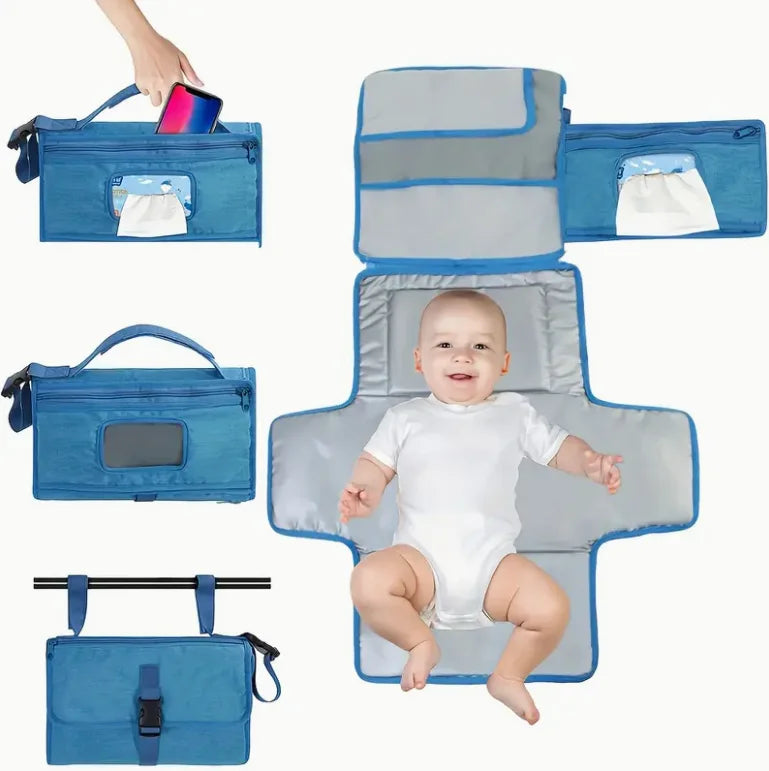 Portable Diaper Changing Pad with Built-in Head Cushion,Youngsters Waterproof Changing Pad Mat with Smart Wipes Pocket
