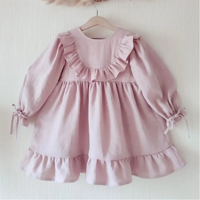 Baby Girl Princess Cotton Linen Ruffled Dress Long Sleeve Infant Toddler Child Elegant Vestido Spring Autumn Baby Clothes 1-4Y