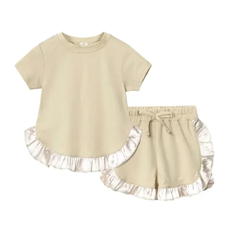 Summer New Kids Clothes Girl Outfit Set Solid Color Cotton Short Sleeve Tops Shorts 2 Pcs Fashion Children's Sets 1-6 Years