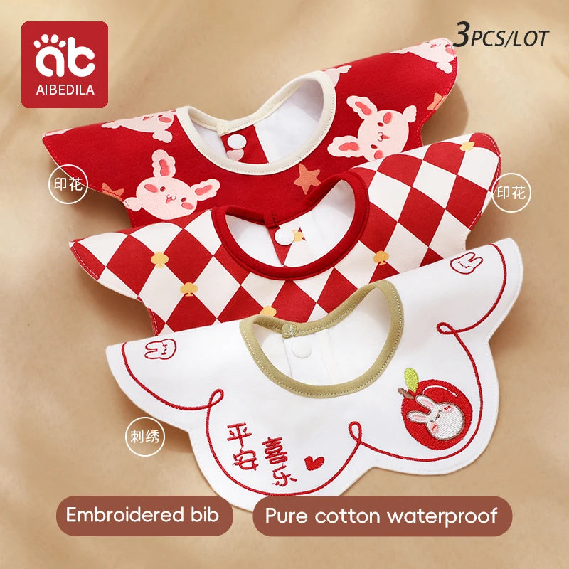 3Pcs Waterproof Bibs for Infants Embroidered Pattern Baby Bibs Comfortable Newborns Bibs Comfortable Cotton Bibs Gift