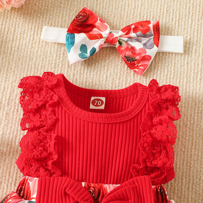 Infant Baby Girls Flower Print Lace Sleeveless Round Neck Front Bowknot Romper + Headband