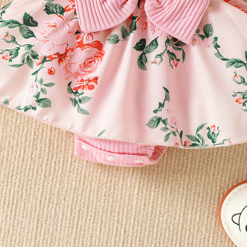 Infant Baby Girls Flower Print Lace Sleeveless Round Neck Front Bowknot Romper + Headband