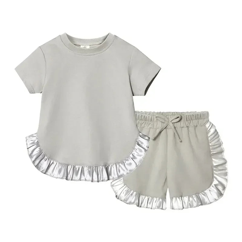 Summer New Kids Clothes Girl Outfit Set Solid Color Cotton Short Sleeve Tops Shorts 2 Pcs Fashion Children's Sets 1-6 Years