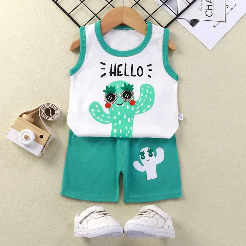 2PCS Cotton T-shirts Shorts Tank Top Boys Girls Sleeveless Children Sets Kids Clothes Vest Suit Summer Children Clothing Baby