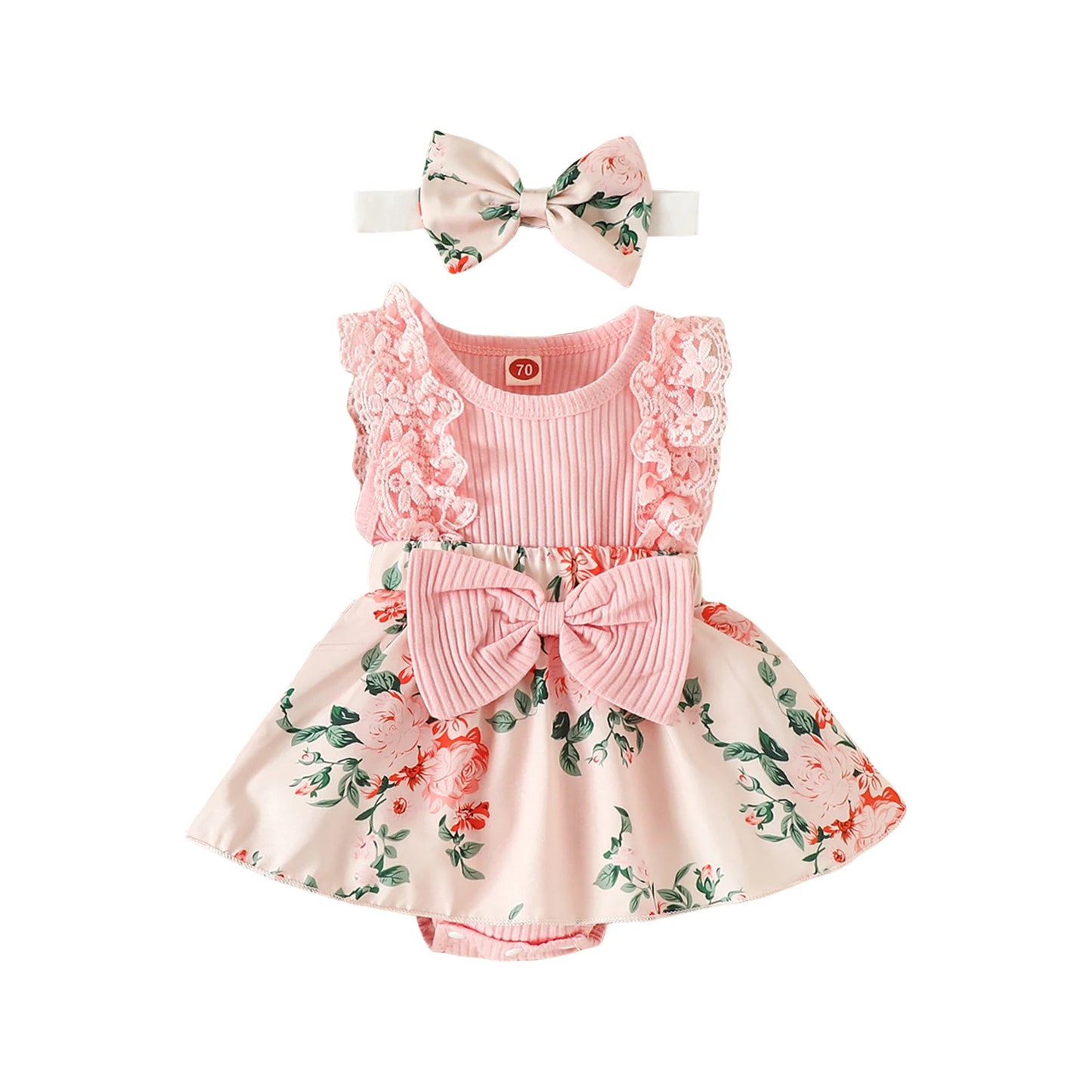 Infant Baby Girls Flower Print Lace Sleeveless Round Neck Front Bowknot Romper + Headband