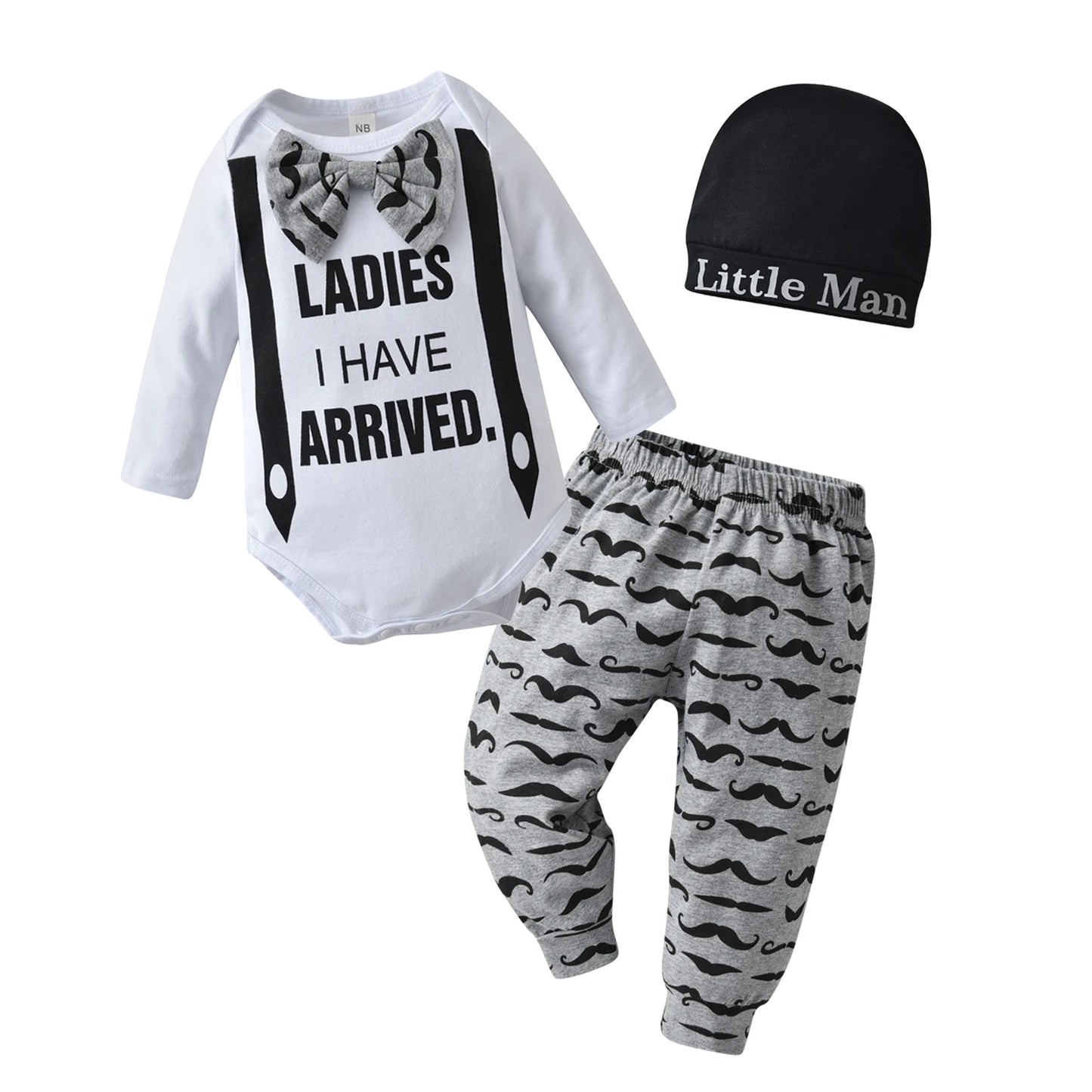 Newborn Baby Boy Clothes Long Sleeve Bow "Ladies I Have Arrived" Romper + Moustache Printed Pants+Hat Infant Boys Outfits Set